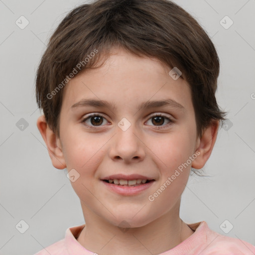 Joyful white child female with short  brown hair and brown eyes