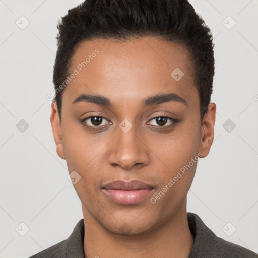 Neutral latino young-adult male with short  brown hair and brown eyes