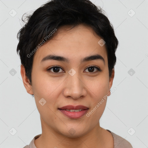 Joyful asian young-adult female with short  brown hair and brown eyes