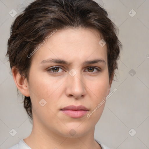 Neutral white young-adult female with medium  brown hair and brown eyes