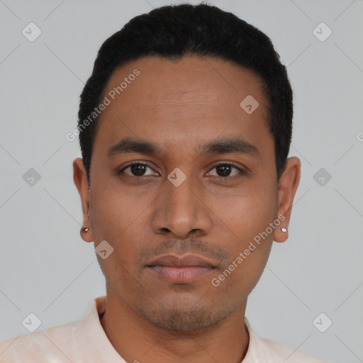 Neutral latino young-adult male with short  black hair and brown eyes