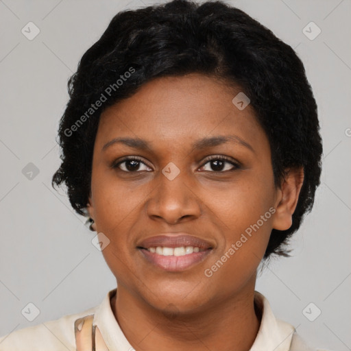 Joyful latino young-adult female with short  black hair and brown eyes