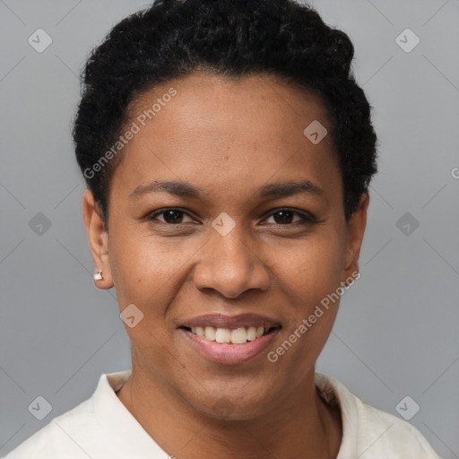 Joyful latino young-adult female with short  black hair and brown eyes