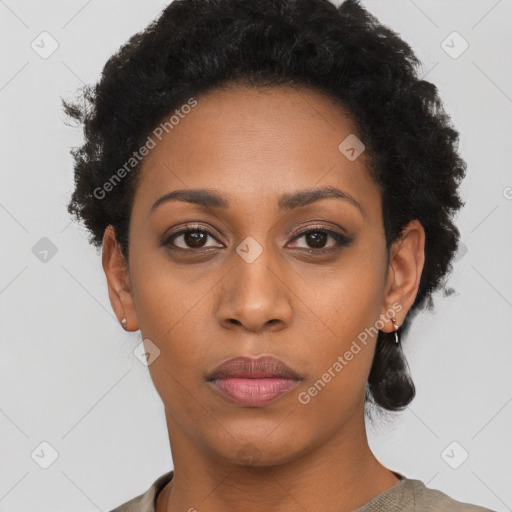 Neutral black young-adult female with short  black hair and brown eyes