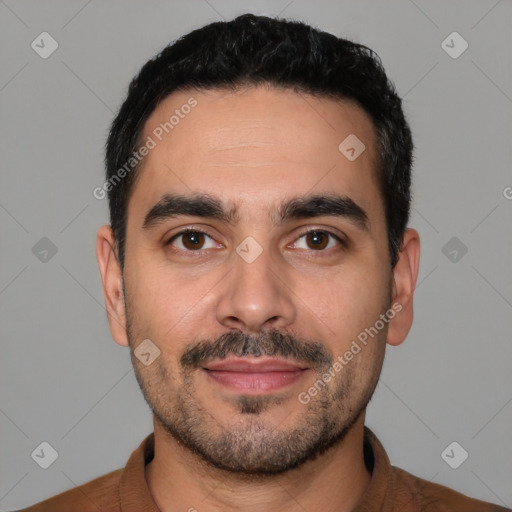 Neutral latino young-adult male with short  black hair and brown eyes