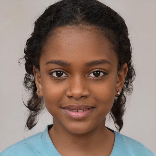 Joyful black child female with medium  brown hair and brown eyes