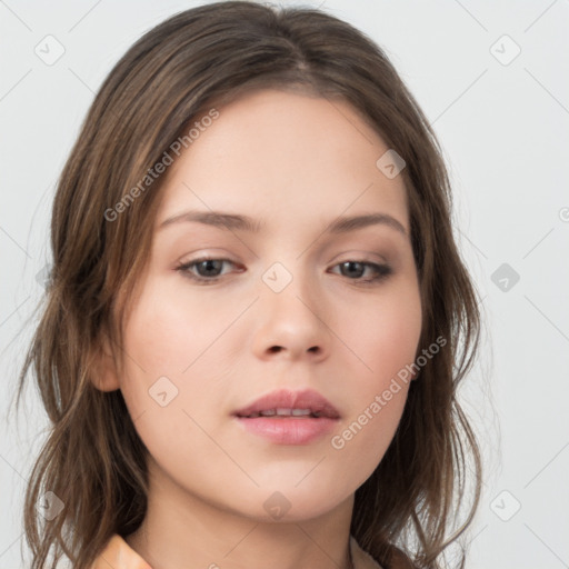 Neutral white young-adult female with medium  brown hair and brown eyes