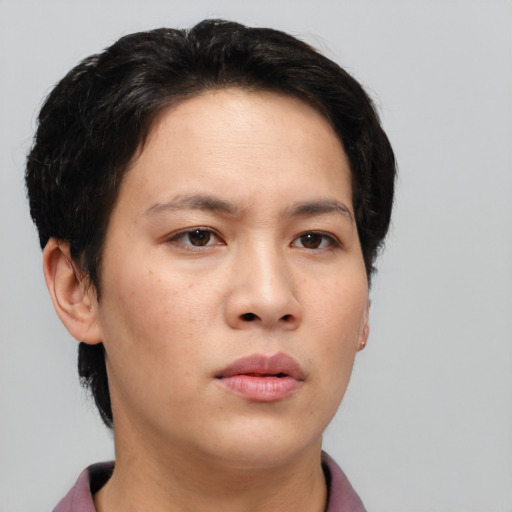 Neutral white young-adult female with short  brown hair and brown eyes
