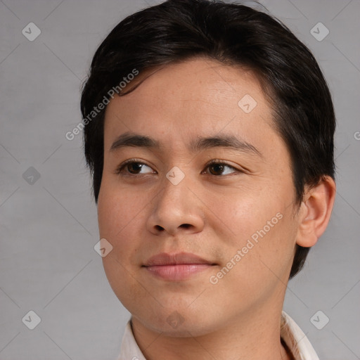 Neutral asian young-adult male with short  brown hair and brown eyes