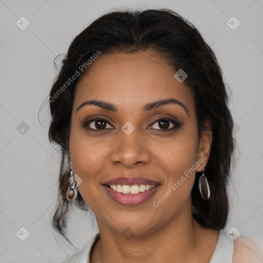 Joyful latino young-adult female with medium  brown hair and brown eyes