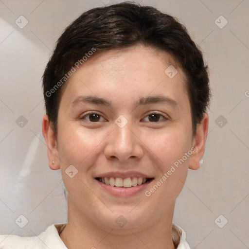 Joyful white young-adult female with short  brown hair and brown eyes