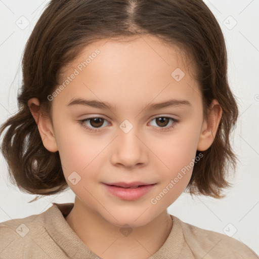 Joyful white child female with medium  brown hair and brown eyes