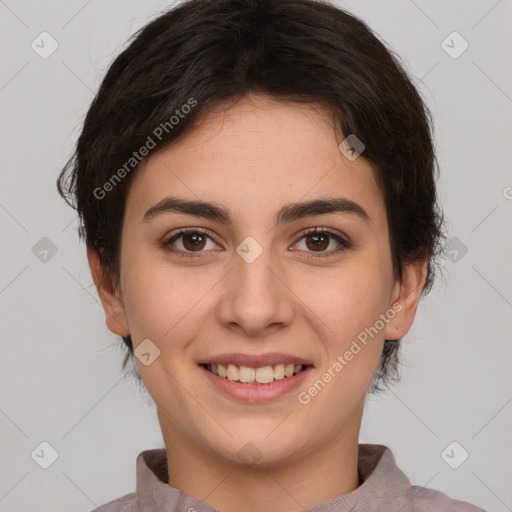 Joyful white young-adult female with short  brown hair and brown eyes