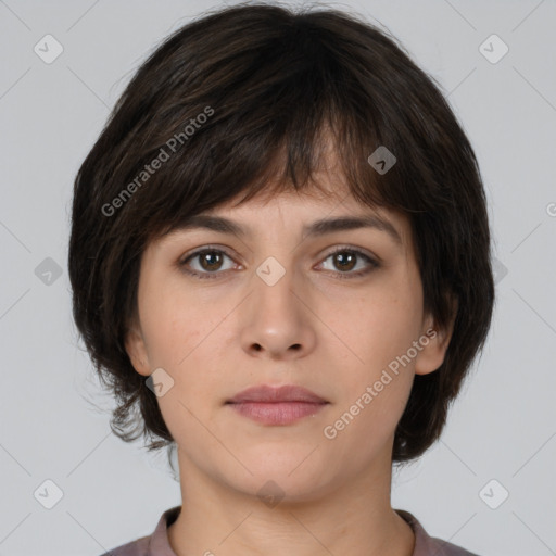 Neutral white young-adult female with medium  brown hair and brown eyes