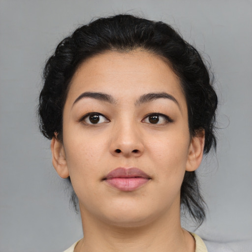Neutral asian young-adult female with medium  black hair and brown eyes