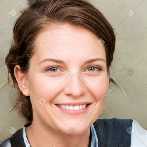 Joyful white young-adult female with medium  brown hair and blue eyes