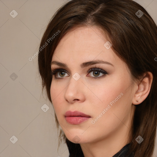 Neutral white young-adult female with medium  brown hair and brown eyes