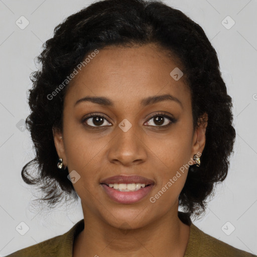 Joyful black young-adult female with long  brown hair and brown eyes