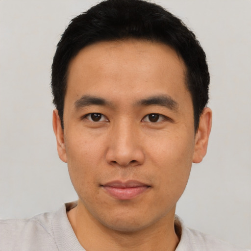 Neutral asian young-adult male with short  black hair and brown eyes