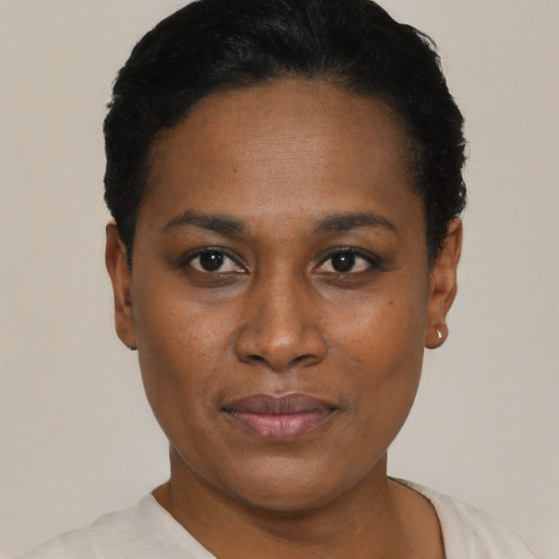 Neutral black young-adult female with short  black hair and brown eyes