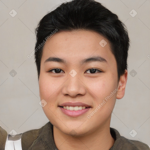 Joyful asian young-adult male with short  brown hair and brown eyes