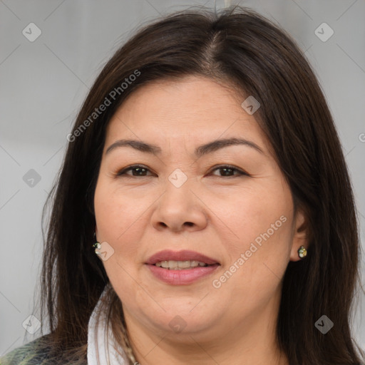 Joyful white adult female with medium  brown hair and brown eyes