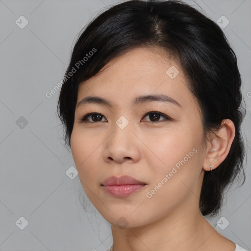 Neutral asian young-adult female with medium  black hair and brown eyes