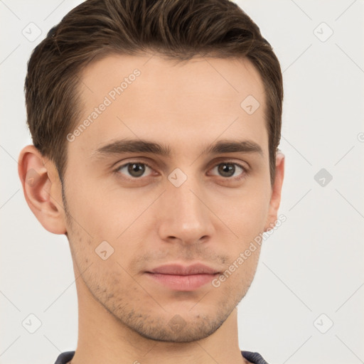 Neutral white young-adult male with short  brown hair and brown eyes