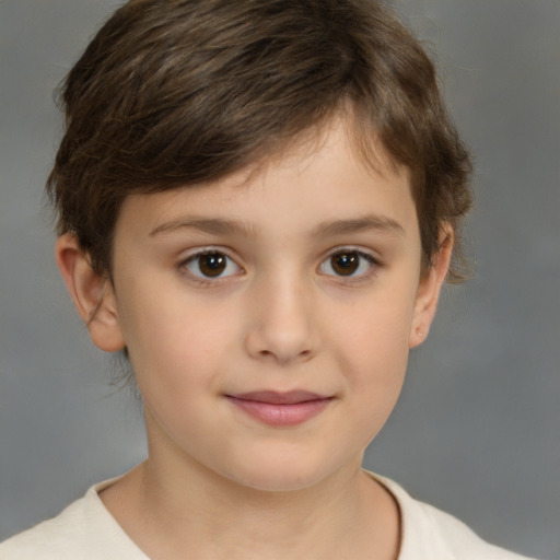 Joyful white child female with short  brown hair and brown eyes