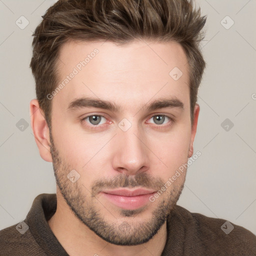 Neutral white young-adult male with short  brown hair and grey eyes