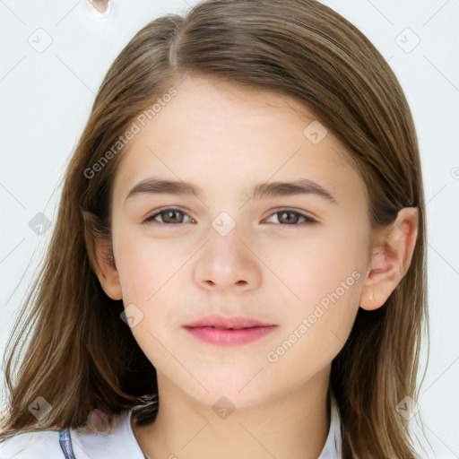 Joyful white child female with medium  brown hair and brown eyes