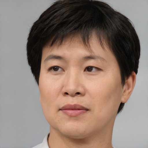 Joyful asian adult male with short  brown hair and brown eyes
