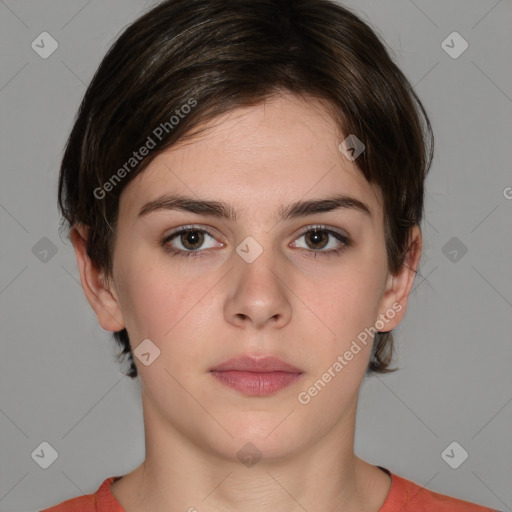 Neutral white young-adult female with medium  brown hair and brown eyes