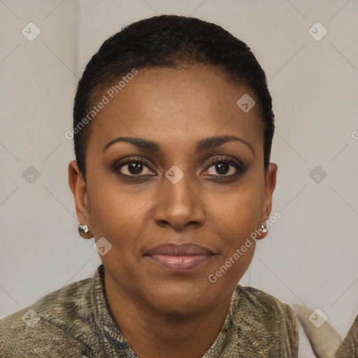 Joyful black young-adult female with short  brown hair and brown eyes