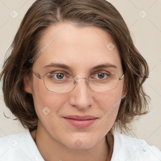 Joyful white young-adult female with medium  brown hair and blue eyes