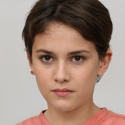 Neutral white young-adult female with short  brown hair and brown eyes