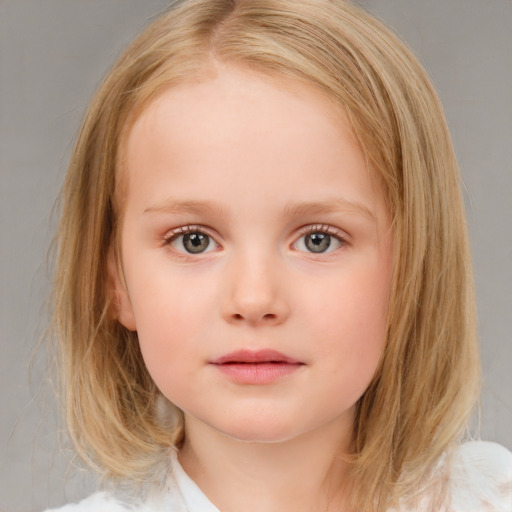 Neutral white child female with medium  brown hair and blue eyes