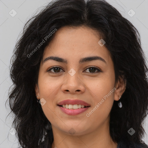 Joyful asian young-adult female with long  brown hair and brown eyes