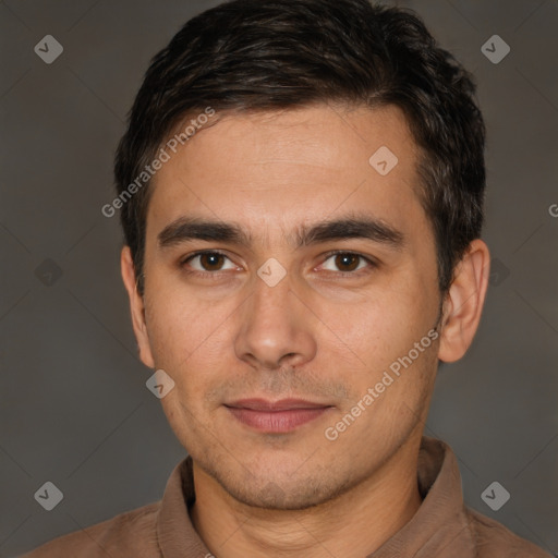 Neutral white young-adult male with short  brown hair and brown eyes