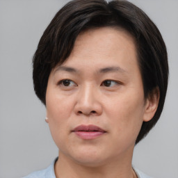 Joyful asian adult female with short  brown hair and brown eyes