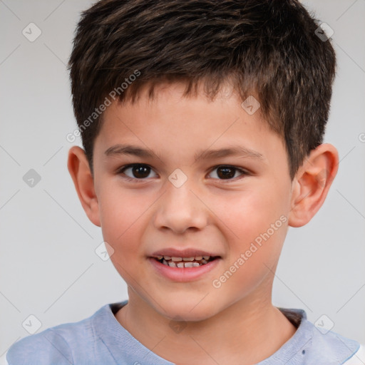 Joyful white child male with short  brown hair and brown eyes