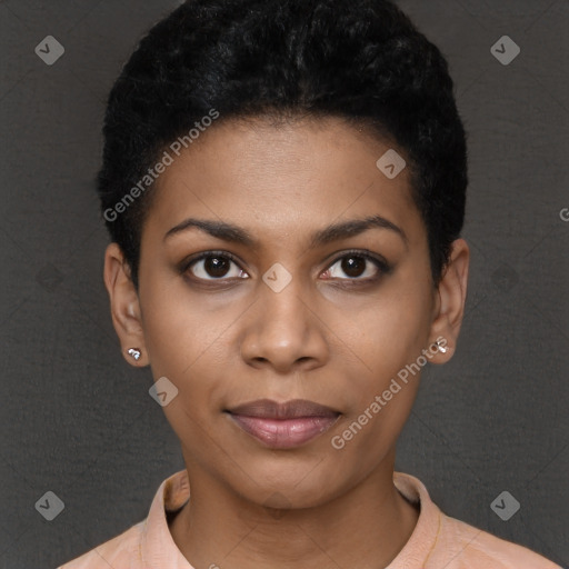 Joyful black young-adult female with short  black hair and brown eyes