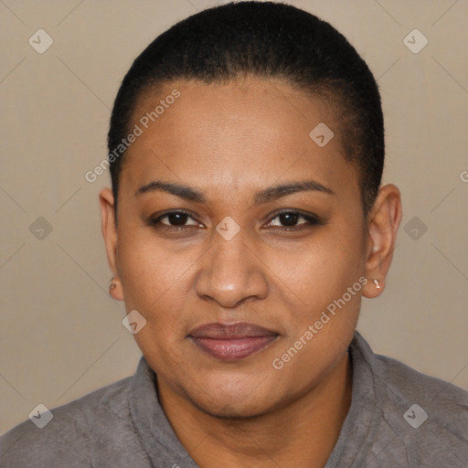 Joyful latino young-adult female with short  black hair and brown eyes
