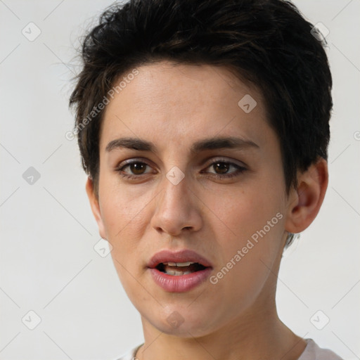 Joyful white young-adult female with short  brown hair and brown eyes