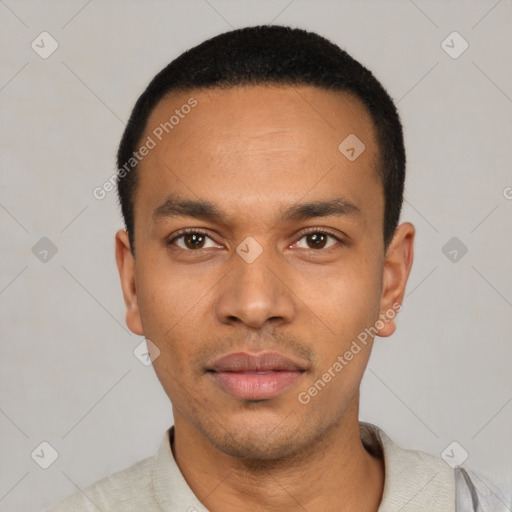 Neutral latino young-adult male with short  black hair and brown eyes