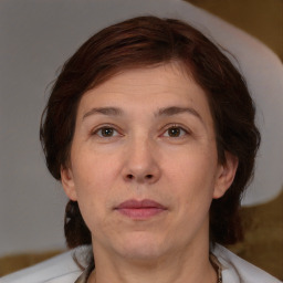 Neutral white adult female with medium  brown hair and brown eyes