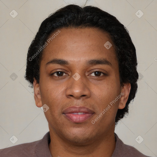 Neutral black adult male with short  black hair and brown eyes