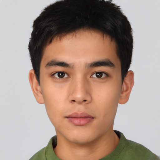 Neutral asian young-adult male with short  brown hair and brown eyes