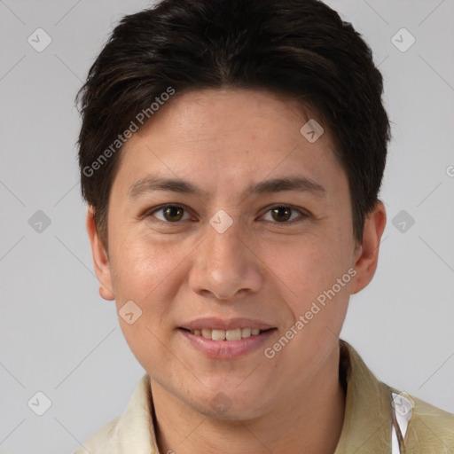 Joyful white young-adult female with short  brown hair and brown eyes