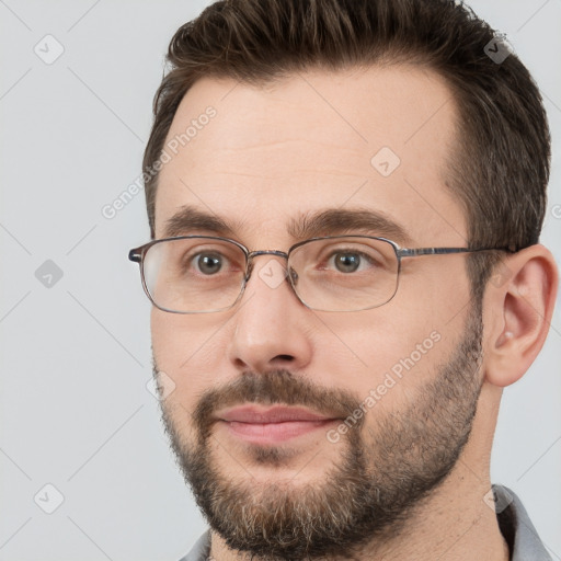 Neutral white young-adult male with short  brown hair and brown eyes